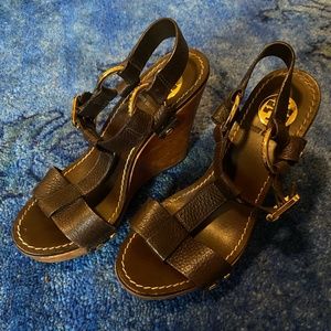 Tory Burch Brown Leather and Wooden Sandal Wedges